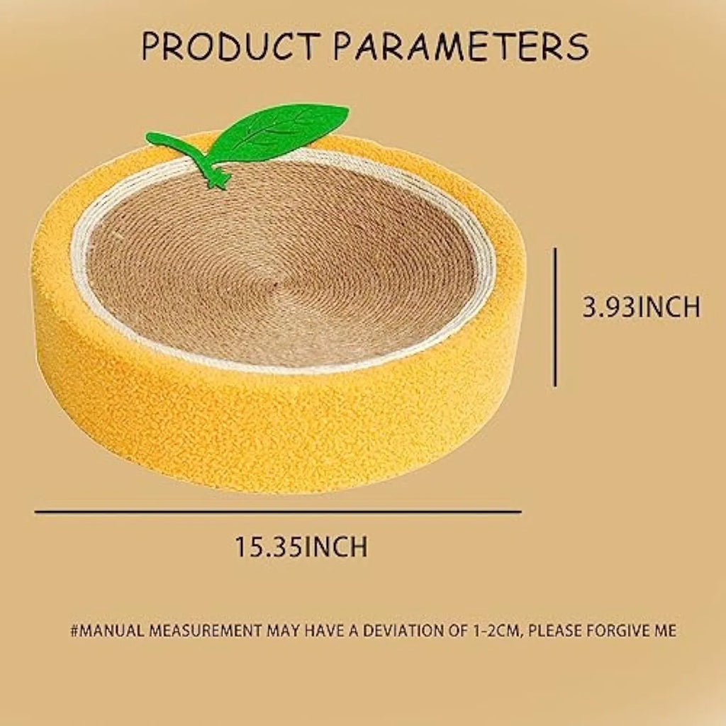 Yellow round sisal cat scratching board with slightly concave centre serving as cat bed