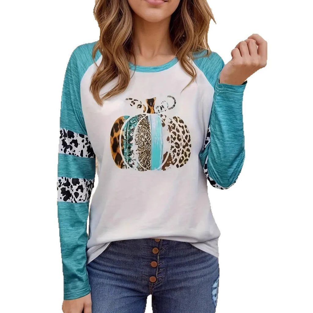 Sky blue long sleeve t-shirt with a large 3D digital printed Halloween pumpkin design on the front.