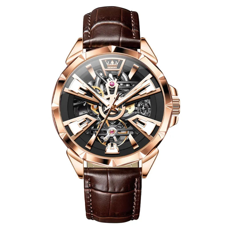 Men's automatic mechanical watch with hollow dial design on genuine leather strap