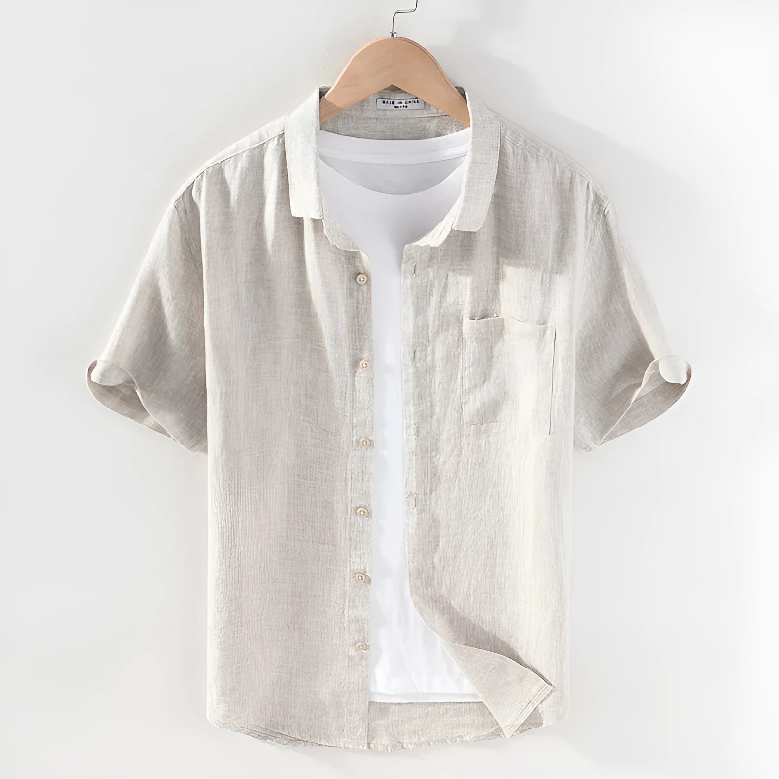 Men's short sleeve linen shirt with square collar in raw jute colour and grey options