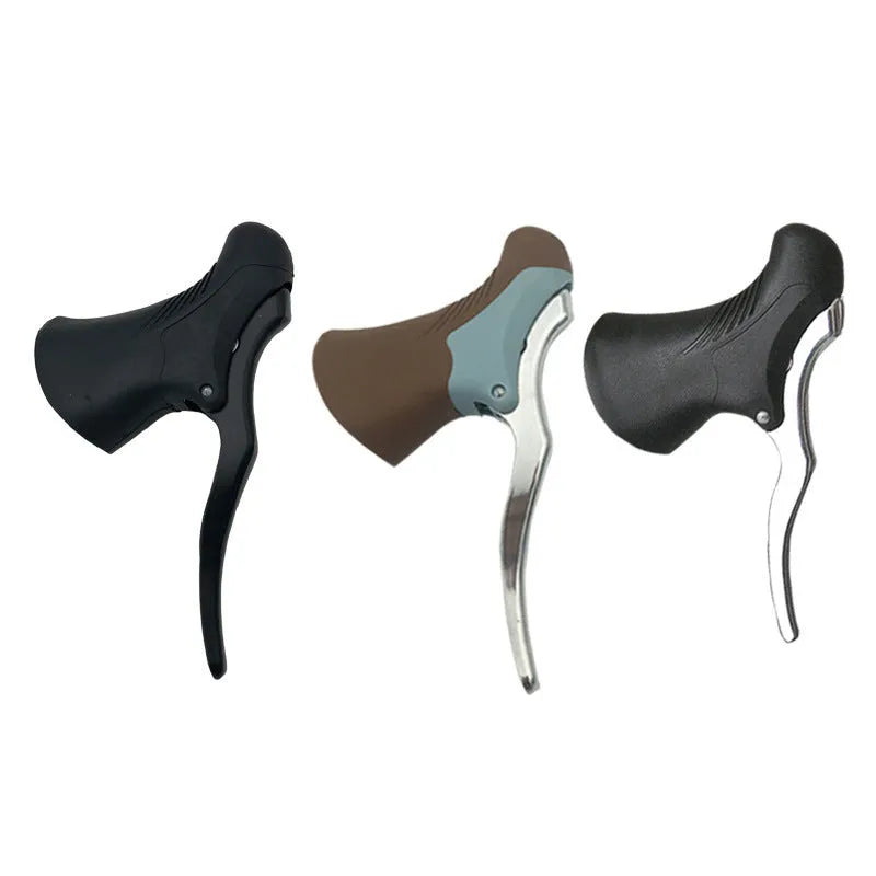 Pair of aluminium alloy road bicycle brake handles in black, showing clamp for handlebar.