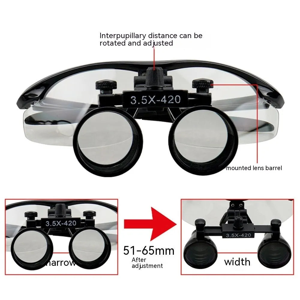 Black head-mounted dental magnifier with LED light showing 2.5X glasses and 3.5X interchangeable lens