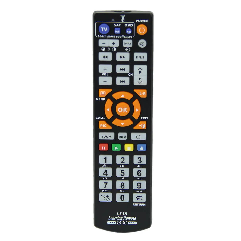 L336 black universal learning remote control with full key layout and 8-metre transmission range