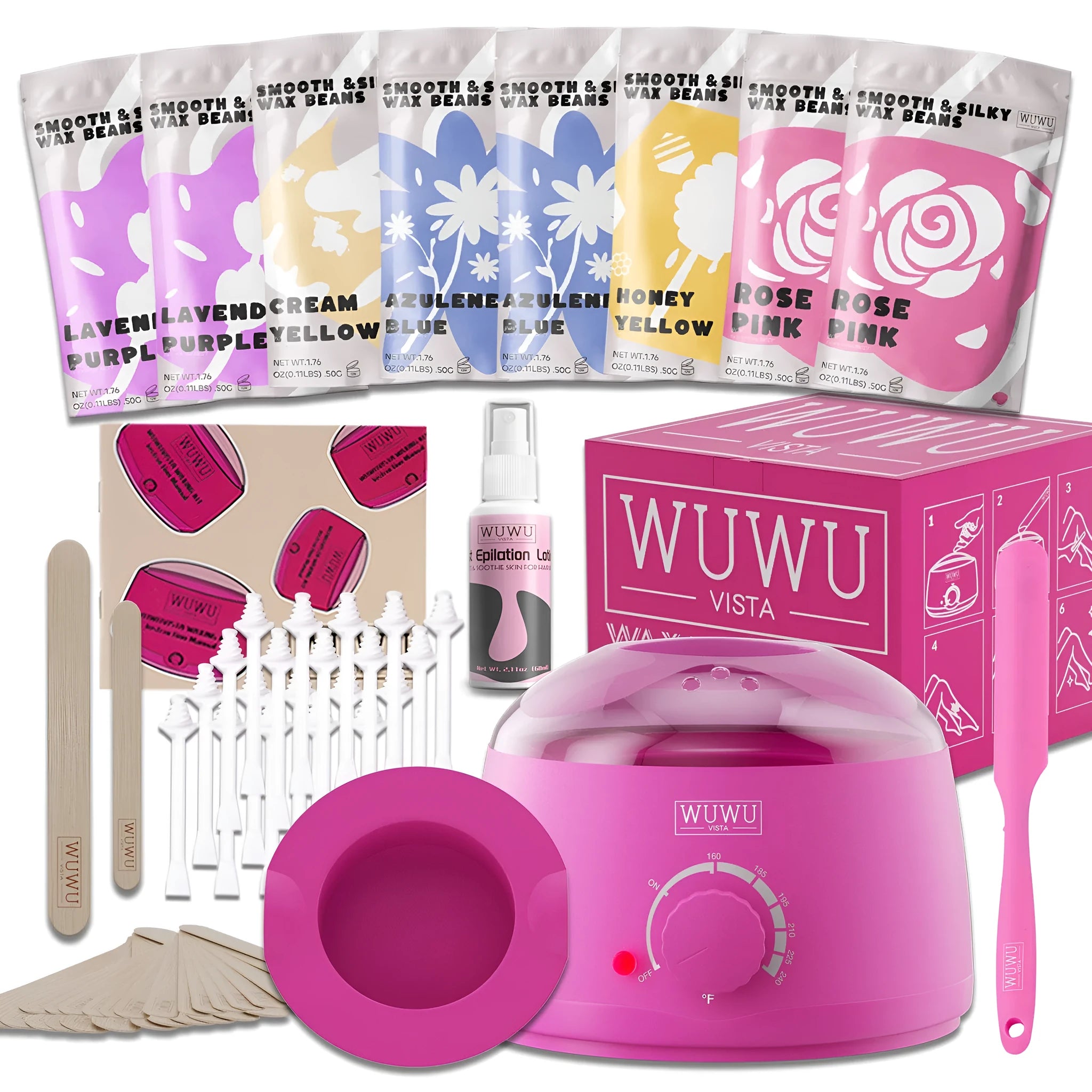 Waxing kit with 63 pieces including wax warmer, wax beans, wax sticks and lotion in black or pink colour
