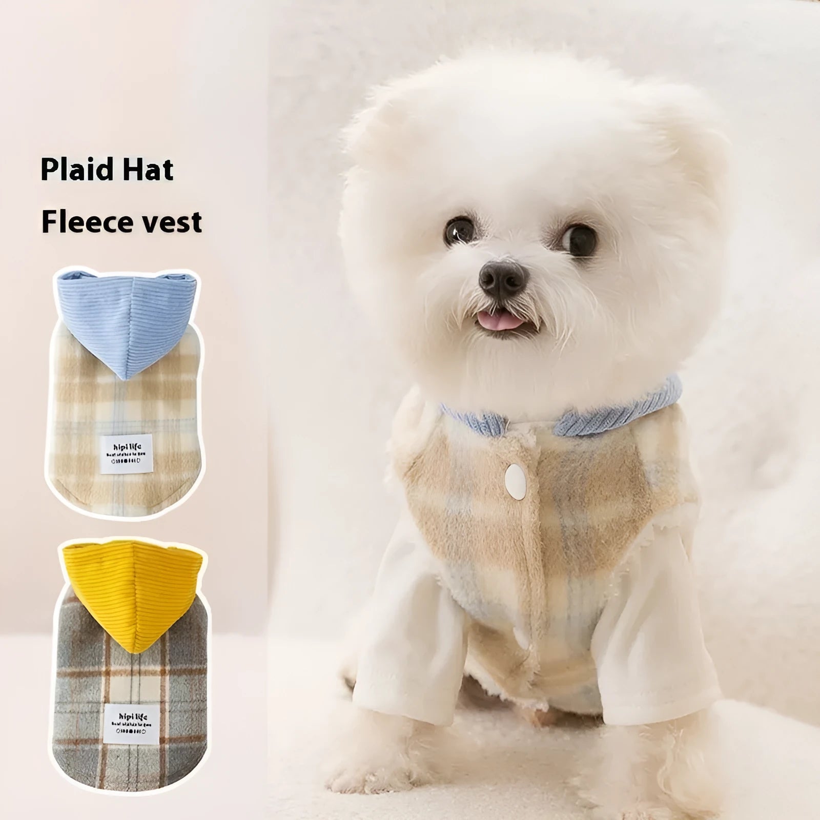 Blue corduroy pet hoodie vest with chessboard grid pattern and hood for a small dog.