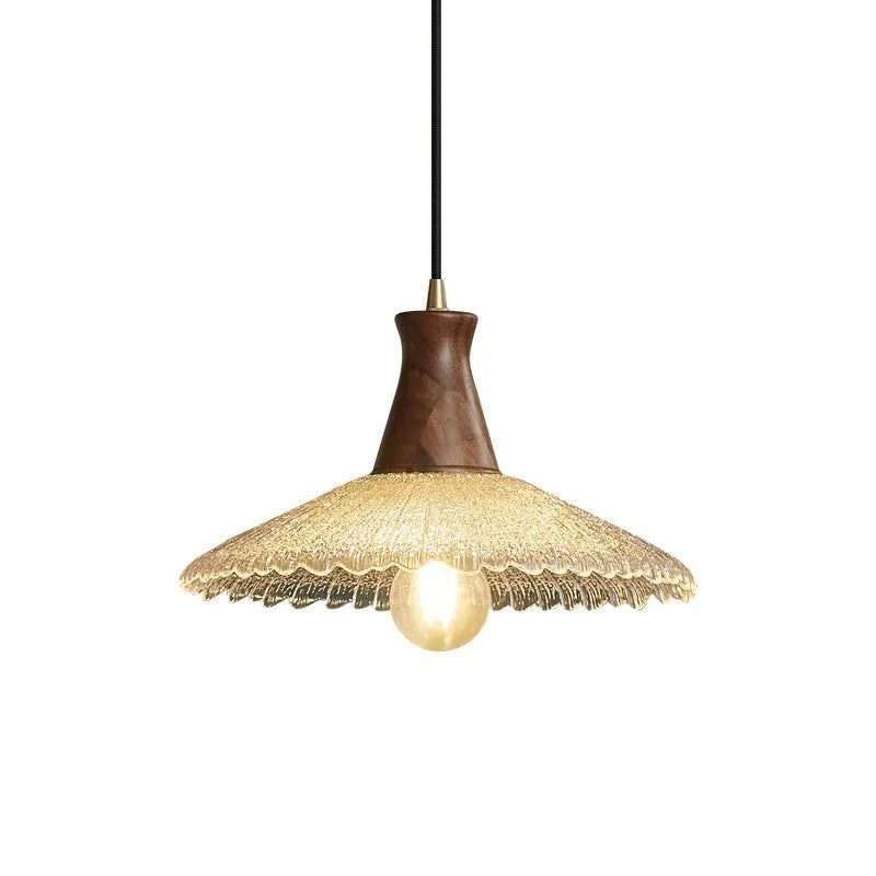 Retro wood and glass ceiling chandelier with brass-colour finish in three sizes.