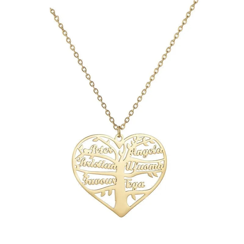 Custom stainless steel name necklace with hollow heart and lucky tree pendant in silver, gold, or rose gold.