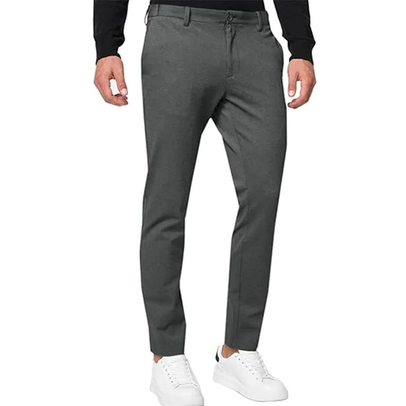 Men's slim-fit tapered chino trousers in khaki colour with stretch cotton blend fabric