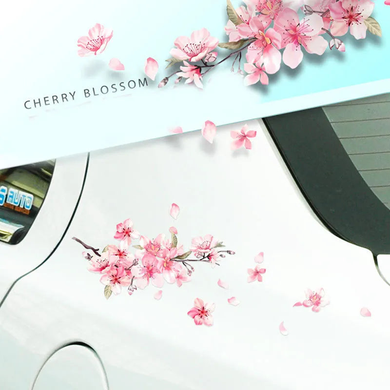 Cherry blossom flower car sticker in small and large size options on a vehicle door.