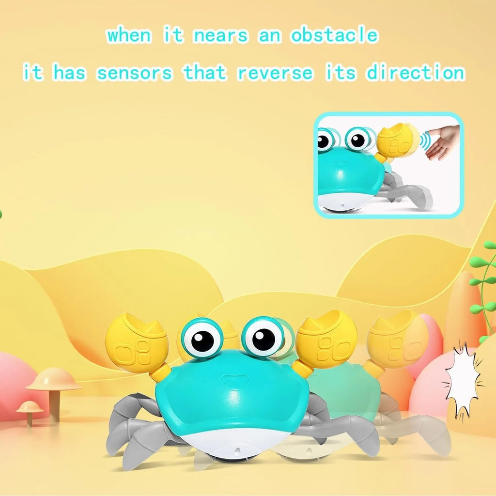 Blue electronic crab dog toy with lights, shown moving sideways on a wooden floor.
