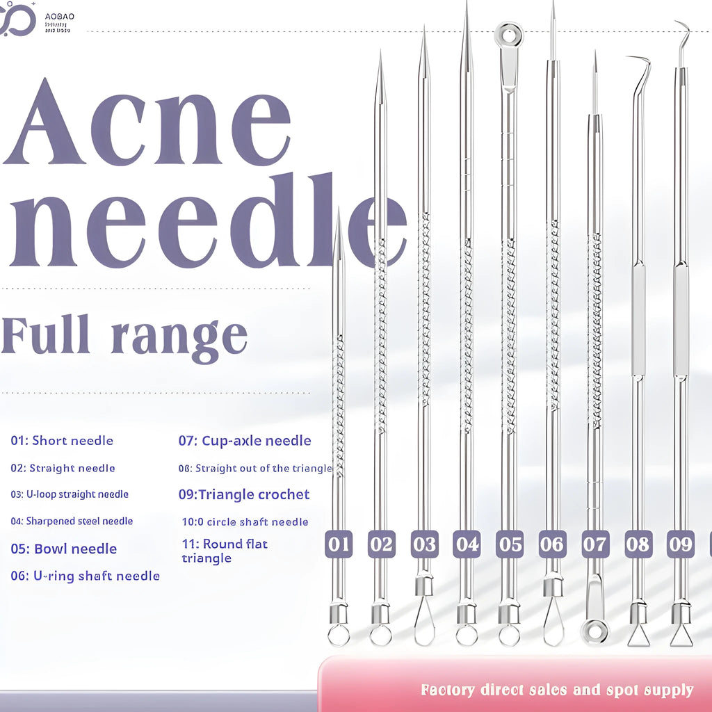 Four metal acne needles with pointed tips arranged on a clean surface.