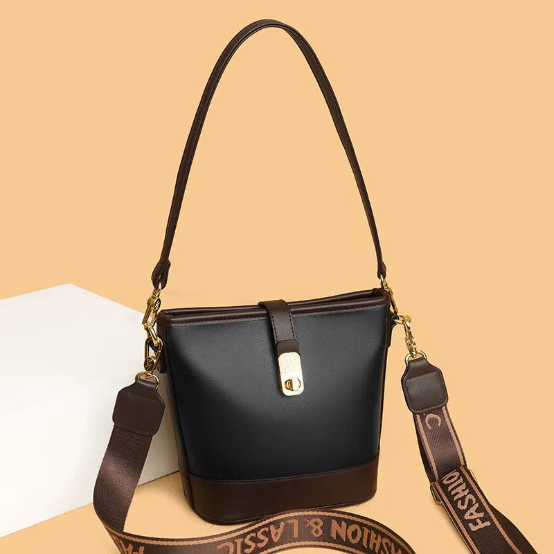 Korean-style black bucket messenger bag with soft PU leather and shoulder straps