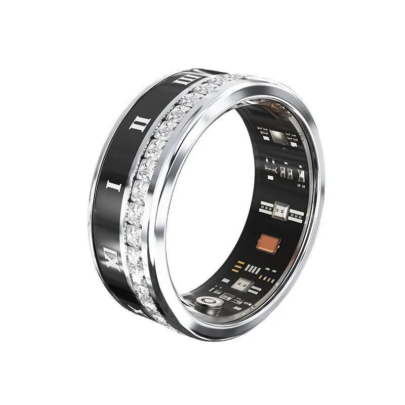 Silver and gold smart ring with diamond inlay on a finger, showing its wearable design and jewellery aesthetic.