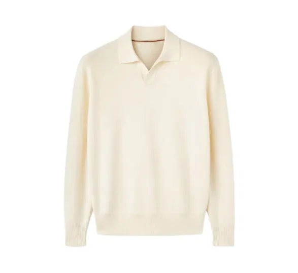 Men's pure wool polo sweater with lapel collar in loose fit, shown in milky white and navy blue colours