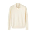 Men's pure wool polo sweater with lapel collar in loose fit, shown in milky white and navy blue colours