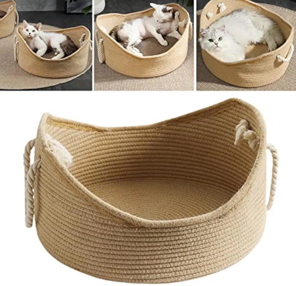 Wicker cat basket bed with a built-in corrugated cardboard scratching panel.