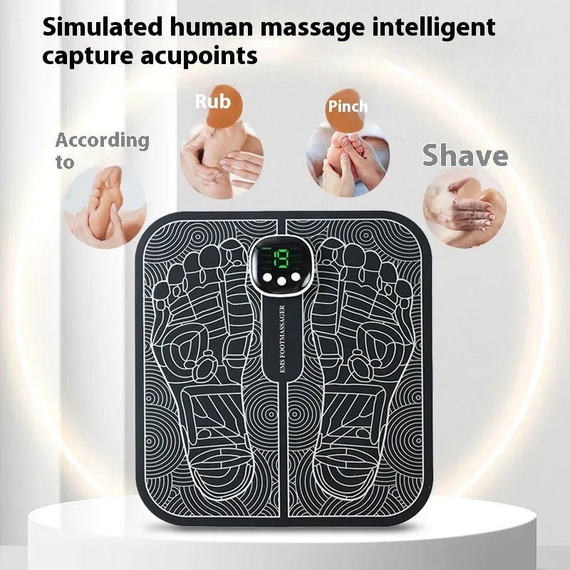 Rechargeable reflexology foot massager mat with remote control on a wooden floor.