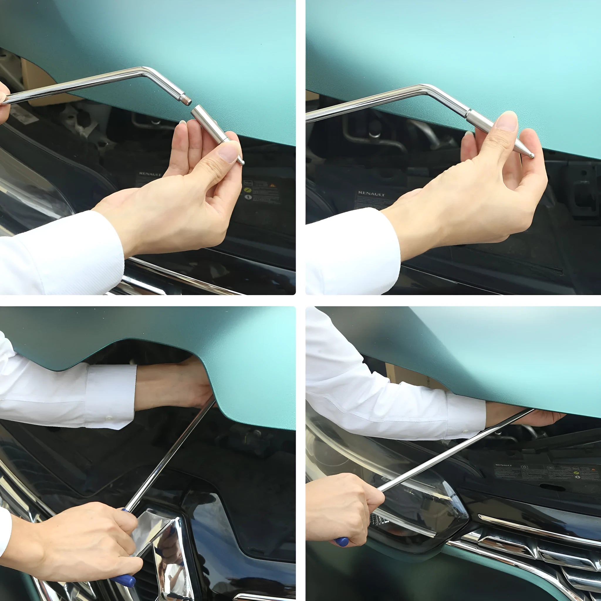 Three alloy steel hook crowbars for car dent repair and body panel restoration