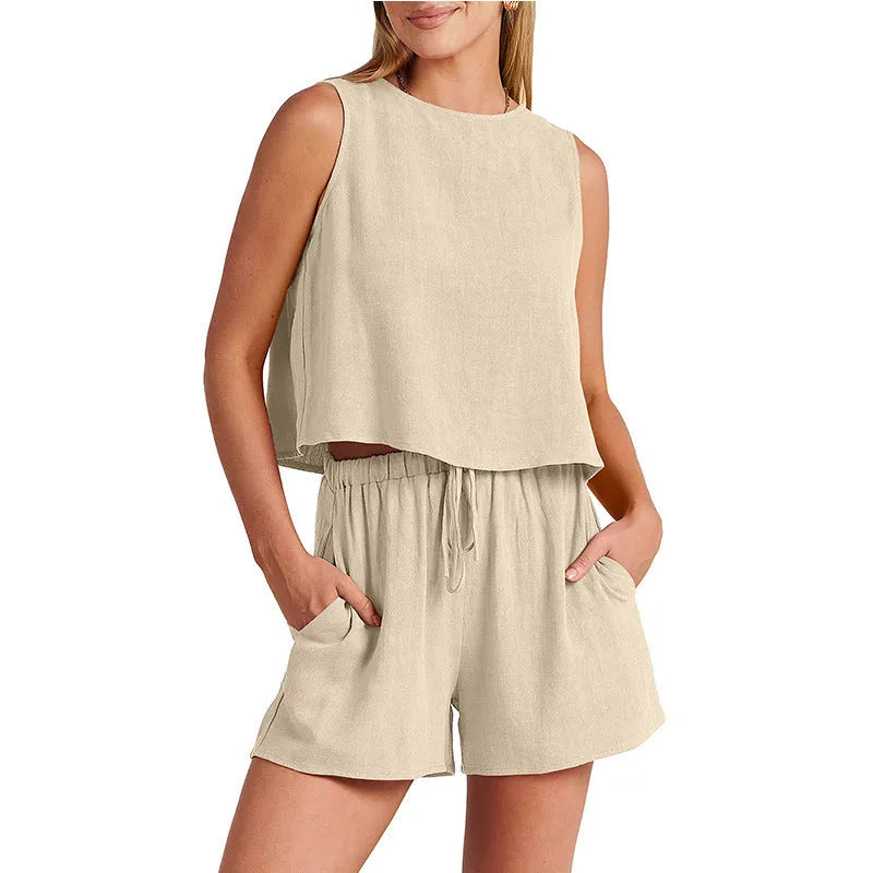 Women's summer two-piece set with sleeveless top and drawstring shorts in apricot colour