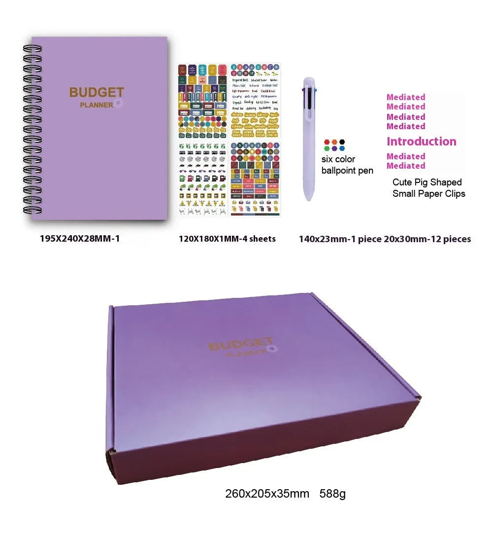 Purple coil-bound financial planning notebook with budget stickers and paper clips