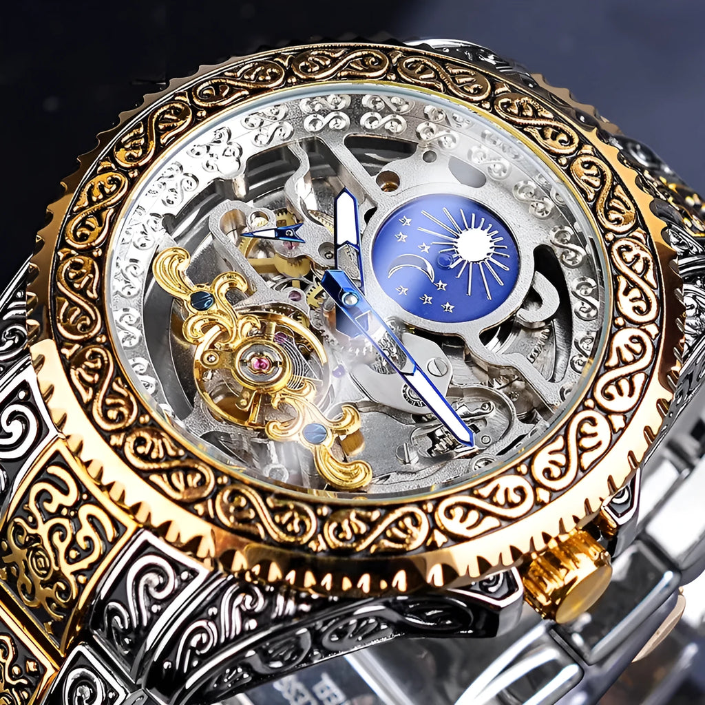 Yellow Forsining skeleton tourbillon mechanical watch with stainless steel case and band