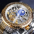 Yellow Forsining skeleton tourbillon mechanical watch with stainless steel case and band