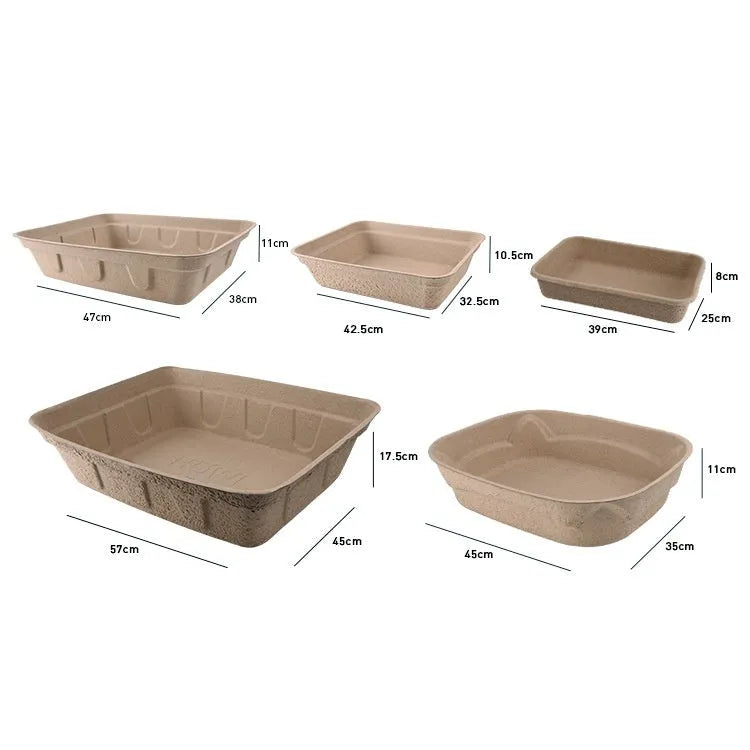 Brown disposable waterproof cat litter box with low sides, shown in three different size options.