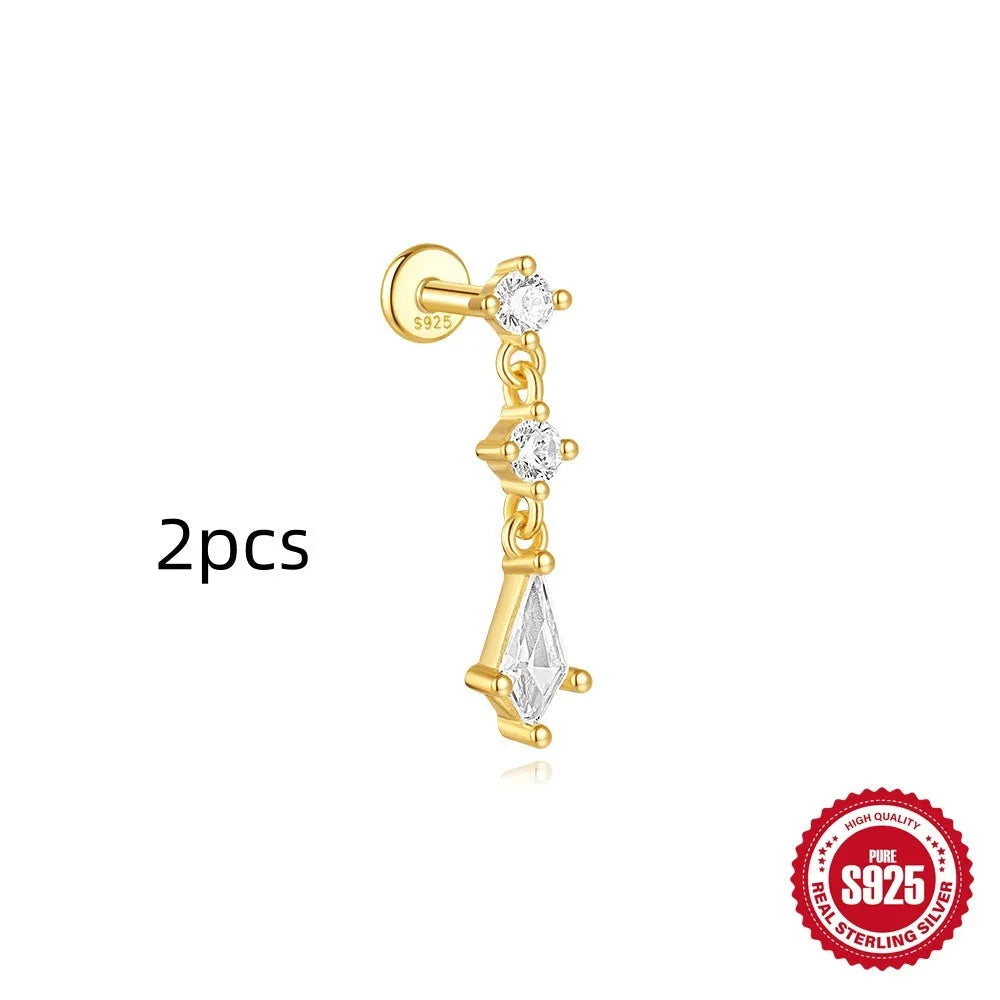 S925 sterling silver geometric kite shaped earrings with chain tassel and rhinestone detailing in gold tone finish