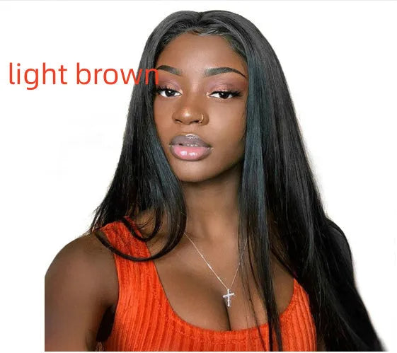 Long straight synthetic wig with centre-parted bangs in black colour