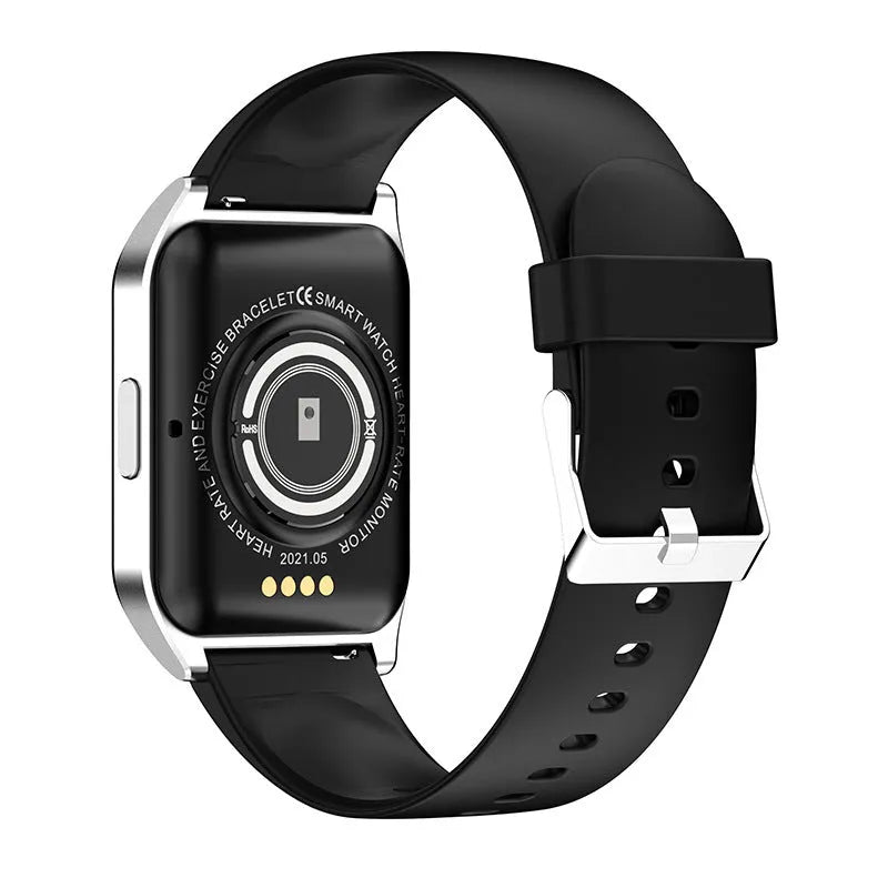 Black smart watch with 1.69-inch screen and silicone strap showing heart rate display