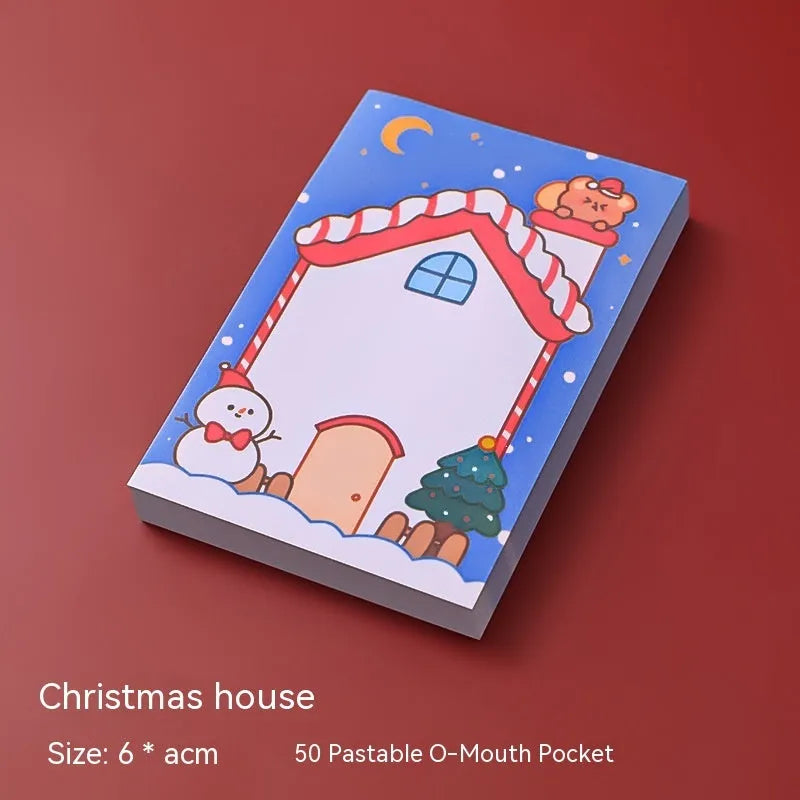 Christmas cartoon sticky notes set showing eight festive designs including bear, elf, and Santa Claus