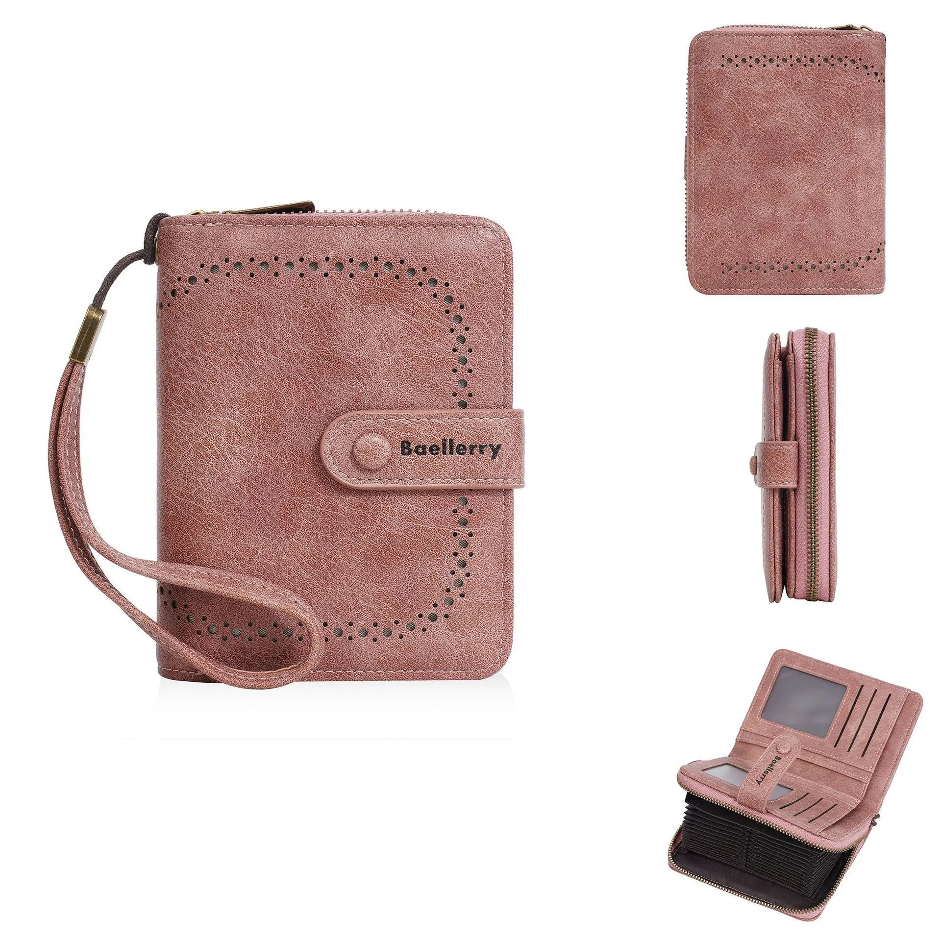 Women's black PU leather zipper coin purse wallet with card slots open showing interior