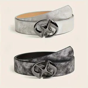Women's vintage oval buckle belt in grey PU leather with thick width and alloy fastening