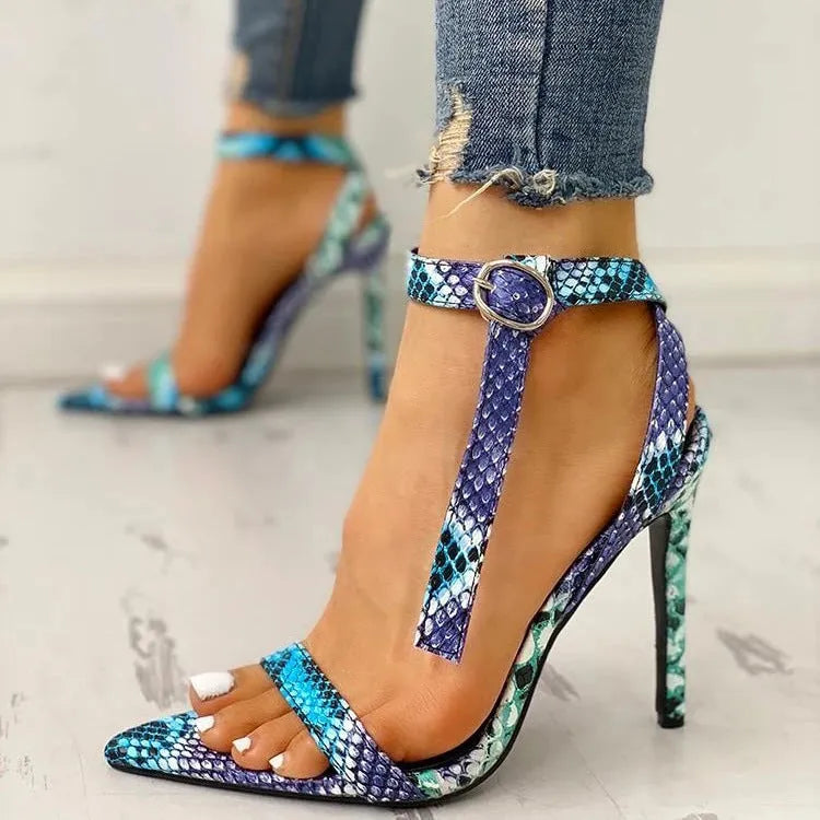 Blue large-size women's heels with buckle fastening and point-toe silhouette