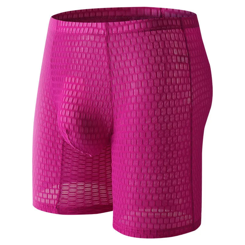 Men's solid colour lace boxer briefs with a lengthened hip-lifting design on a white background.