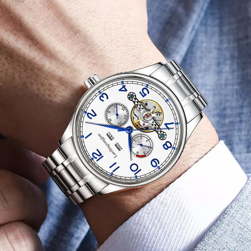 Men's stainless steel mechanical watch with leather strap and sapphire crystal glass