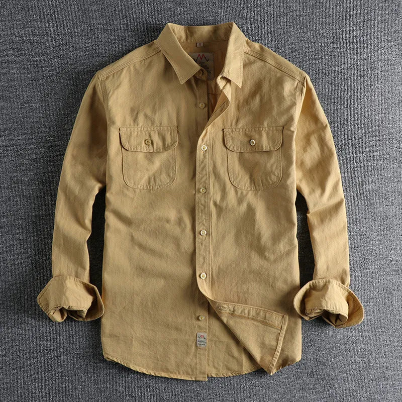 Men's solid colour cotton shirt with retro cardigan style and long sleeves