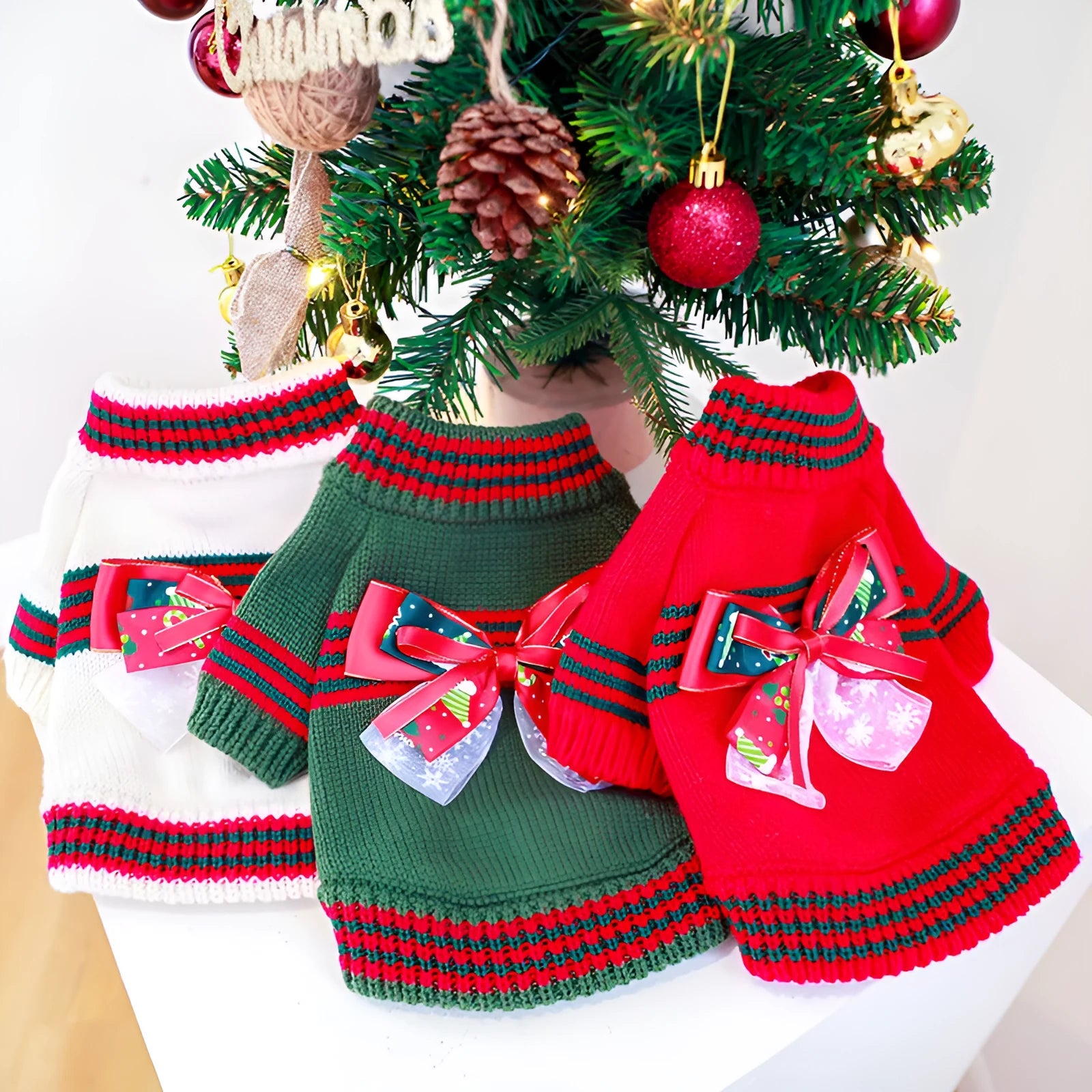 Red and green dog christmas sweaters, polyester festive pet jumper for small to medium dogs.