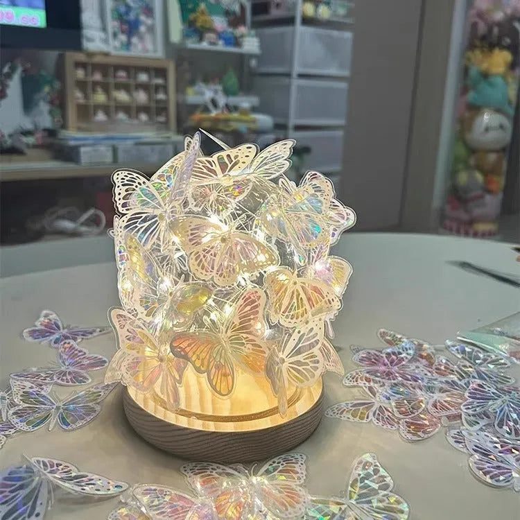 Handmade butterfly night lamp with glass shade on raw wood base, 12x15cm bedside light.