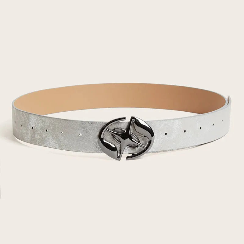 Women's vintage oval buckle belt in grey PU leather with thick width and alloy fastening