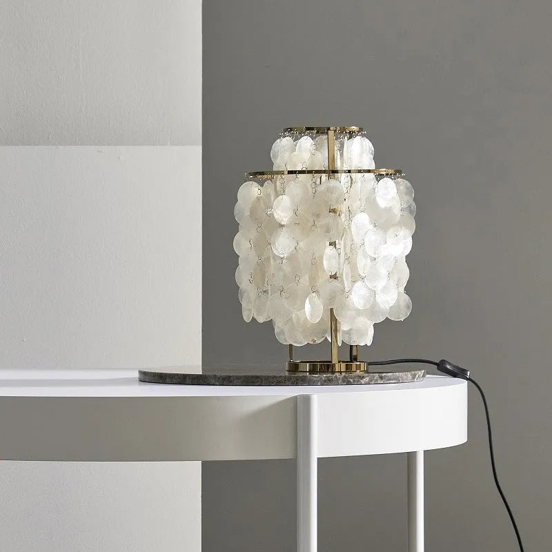 Modern shell bedside table lamp in chrome or gold finish with 30cm diameter base