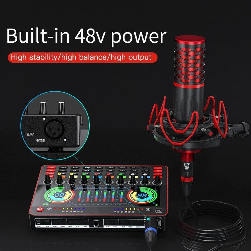 G4 professional live sound card mixer set with microphone, remote control, and audio cables on a table