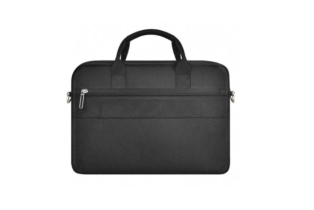 Black Oxford cloth laptop backpack showing multiple compartments and a separate padded laptop section.