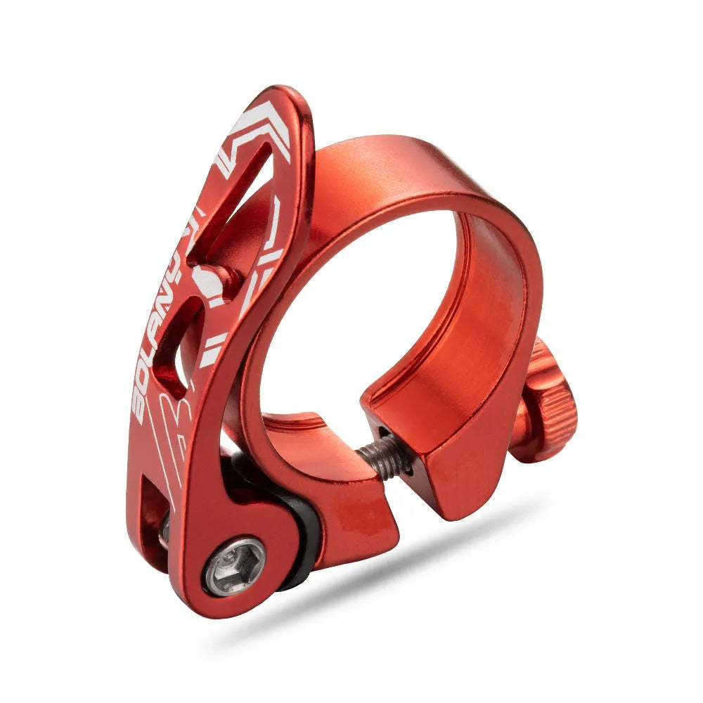 Aluminium bicycle seat tube clamp in black, red, gold, or blue, showing 31.8mm and 34.9mm size options.