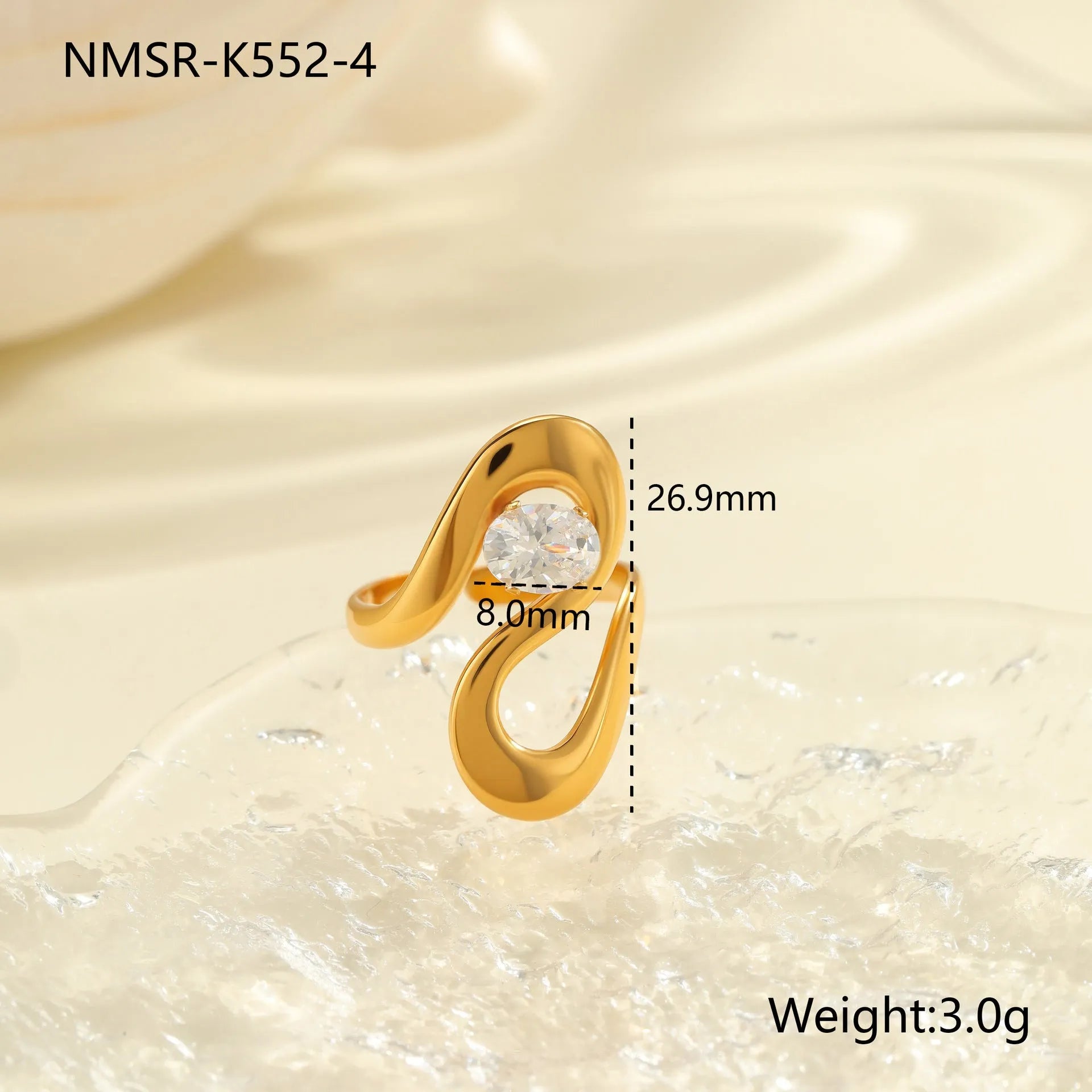 Geometric open mouth zircon ring showing adjustable design and electroplated finish