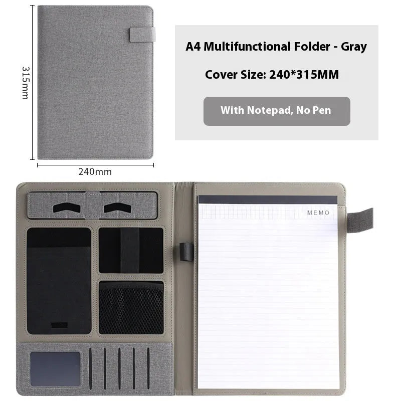 Leather A4 business multifunction folder with notepad and pen holder in black colour