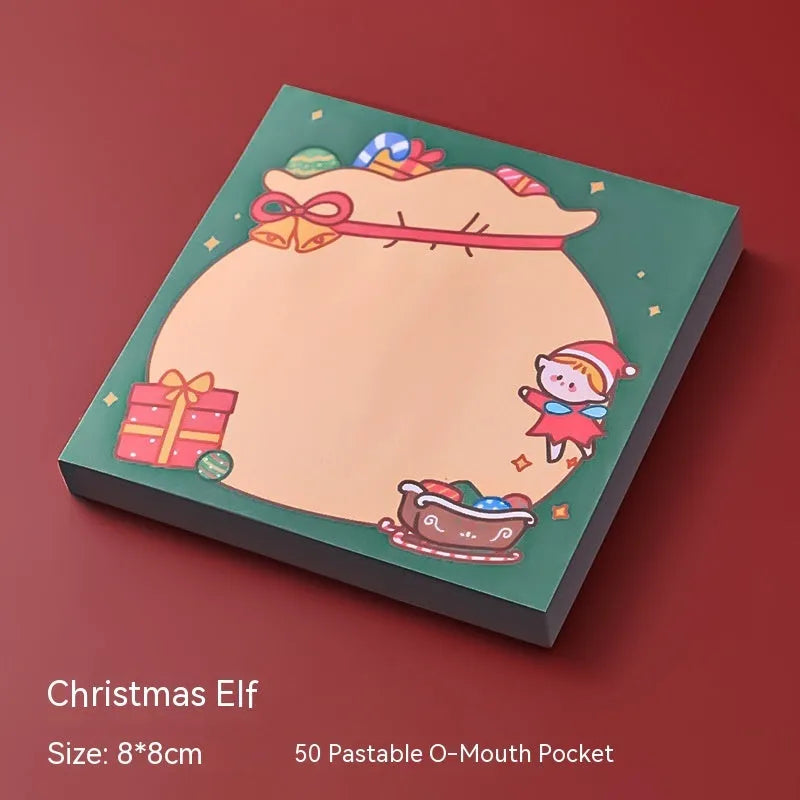 Christmas cartoon sticky notes set showing eight festive designs including bear, elf, and Santa Claus