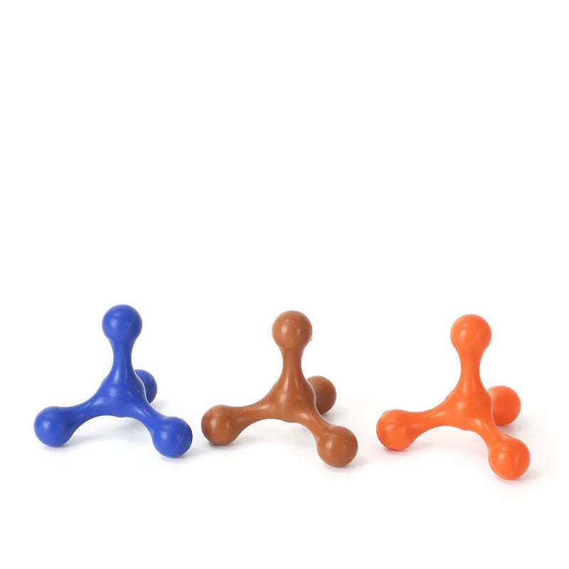 Blue silicone puppy chew toy with three-leg biter design for teething relief