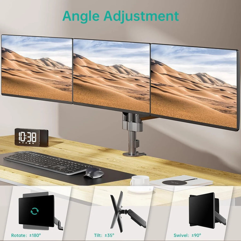 Black gas spring monitor arm with three aluminium arms supporting 27-inch computer screen