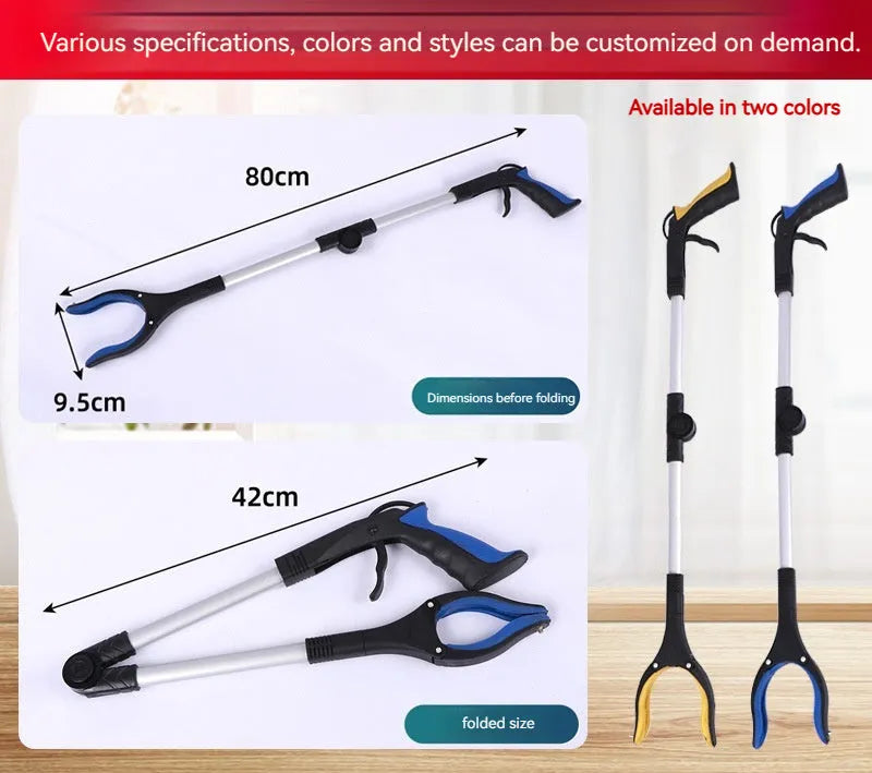 Folding aluminium rubbish clamp with extended arm and magnetic pick-up head in blue handle colour